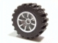 Wheel 18mm D. x 14mm Spoked, with Black Tire 30.4 x 14 Offset Tread (51377 / 30391), metallic silver