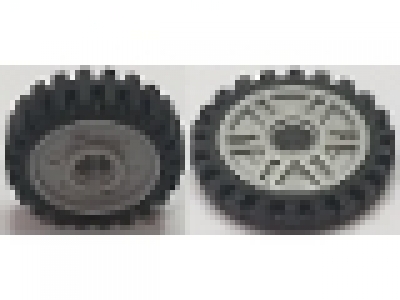 Wheel 18mm D. x 8mm with Fake Bolts and Deep Spokes with Inner Ring with Black Tire 24mm D. x 7mm Matching Tread - Band Around Center of Tread (13971 / 61254b)