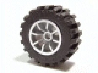 Wheel 18mm D. x 14mm Spoked, with Black Tire 30.4 x 14 Offset Tread (51377 / 30391), metallic silver