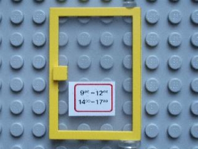 Fenstertür rechts 1x4x5 gelb mit Sticker Öffnungszeiten