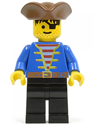Minifig No: pi007 Name: Pirate Blue Shirt, Black Legs, Brown Pirate Triangle Hat, Red-Brown Hair